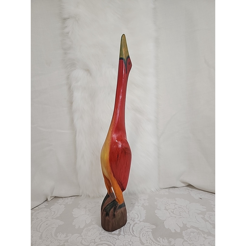 Hand Carved Wooden Crane Heron Bird Decor 18.5" Tall